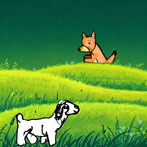Illustration of a little lamb in a green meadow with a fox hiding in the background.