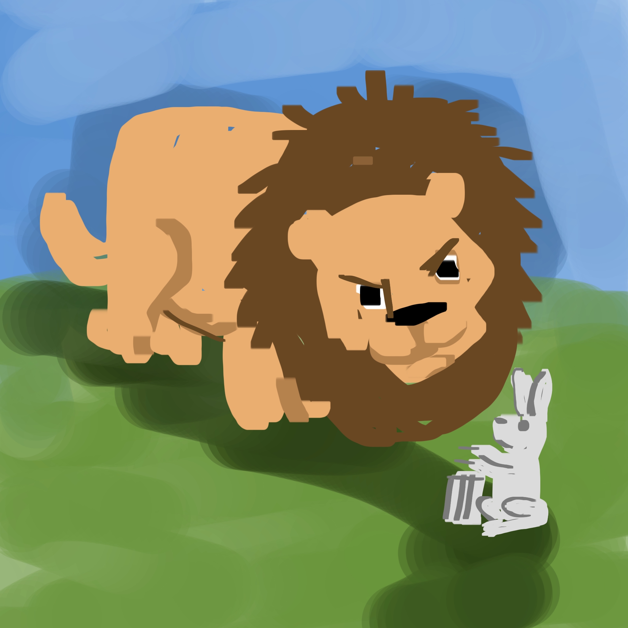 A colorful digital illustration of a large, grumpy-looking lion with a thick brown mane leaning down to face a small, white bunny.