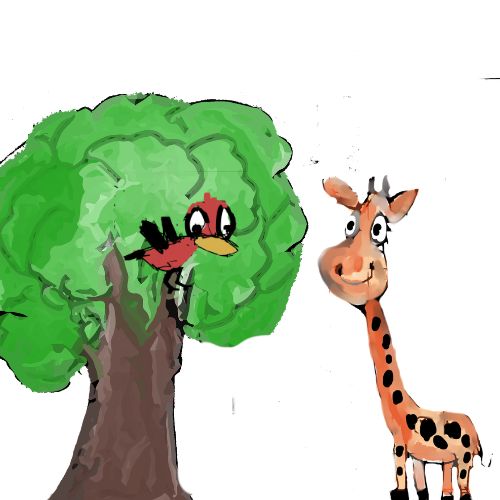 illustration of a giraffe and a bird on a tree