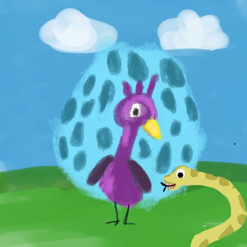 A colorful digital children's illustration of a vibrant purple peacock with a bright yellow beak standing in a green meadow under a blue sky with fluffy white clouds.