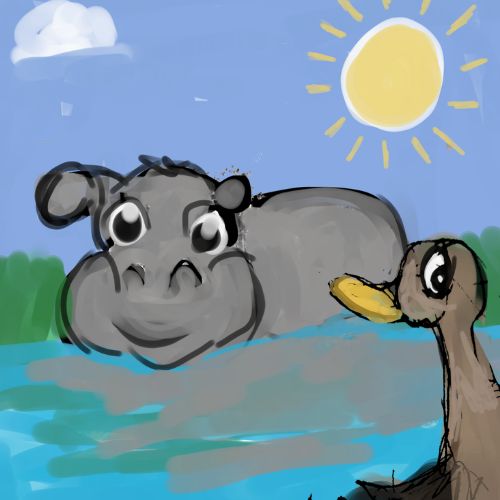 Hippo and duck playing